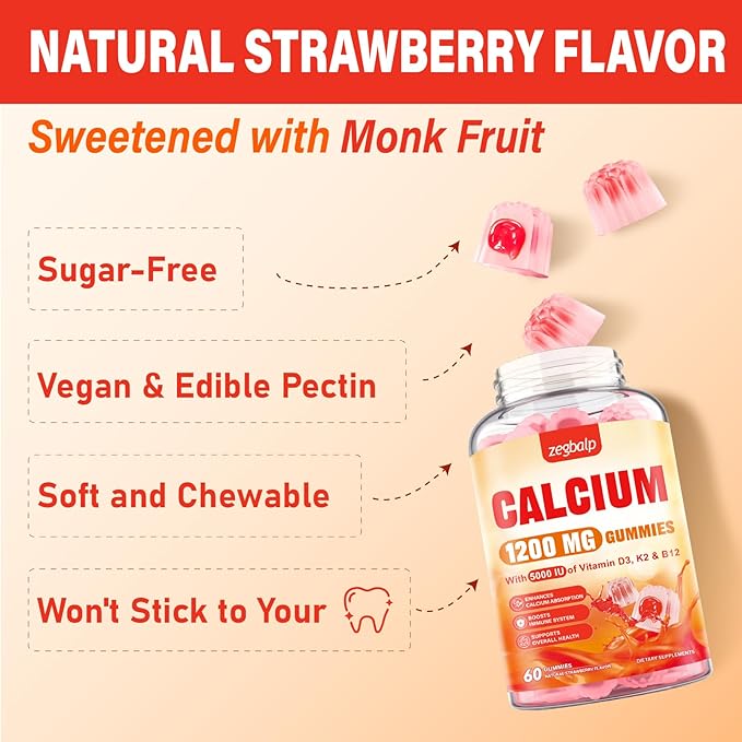 Calcium 1200 mg with Vitamin D3 Supplement for Adults - Calcium Gummies with Vitamin D3 5000IU, K2, B12 for Women Men - Extra Absorption Calcium Citrate - Natural Strawberry Flavor, 120 Gummies