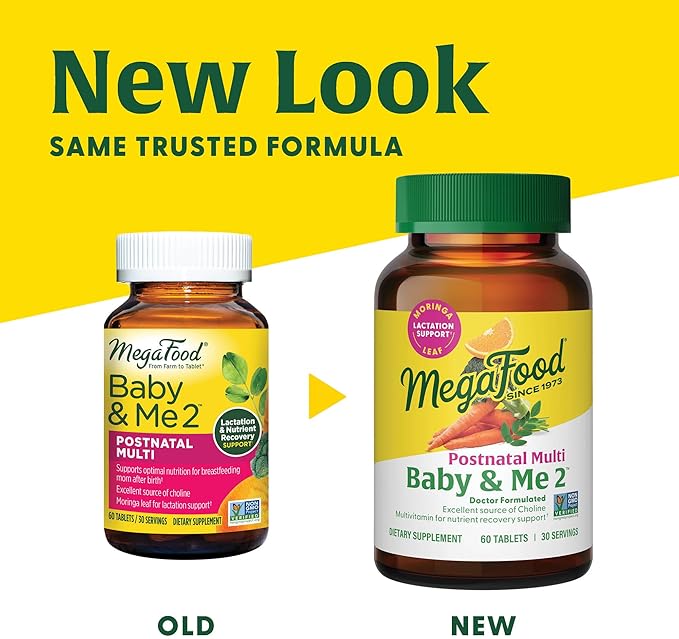 MegaFood Baby & Me 2 Postnatal Vitamins for Women Breastfeeding with Folate (Folic Acid Natural Form), Choline, Iodine, Vitamin D, Moringa Leaf and More - 60 Tabs (30 Servings)
