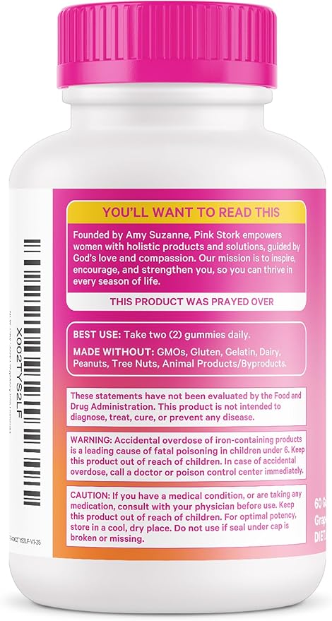 Pink Stork Prenatal Iron Supplement Gummies for Women - 20 mg with Vitamin C - Grape Chewable for Deficiency, Energy, & Blood Builder - 60 Gummy Chews