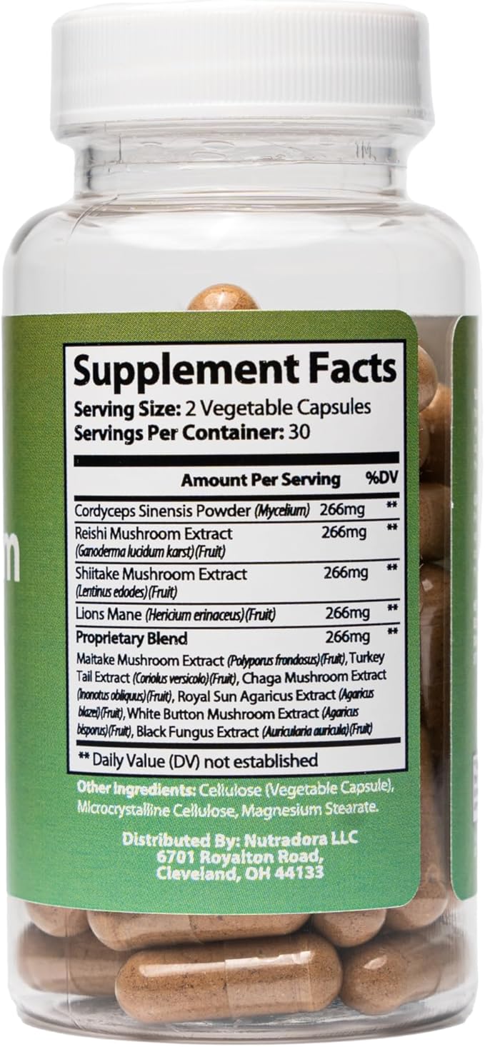 Mushroom Supplement -10 Mushrooms Blend, Reishi, Lions Mane, Cordyceps, Chaga, Turkey Tail, Maitake, Shiitake, Chaga, Nootropic Complex