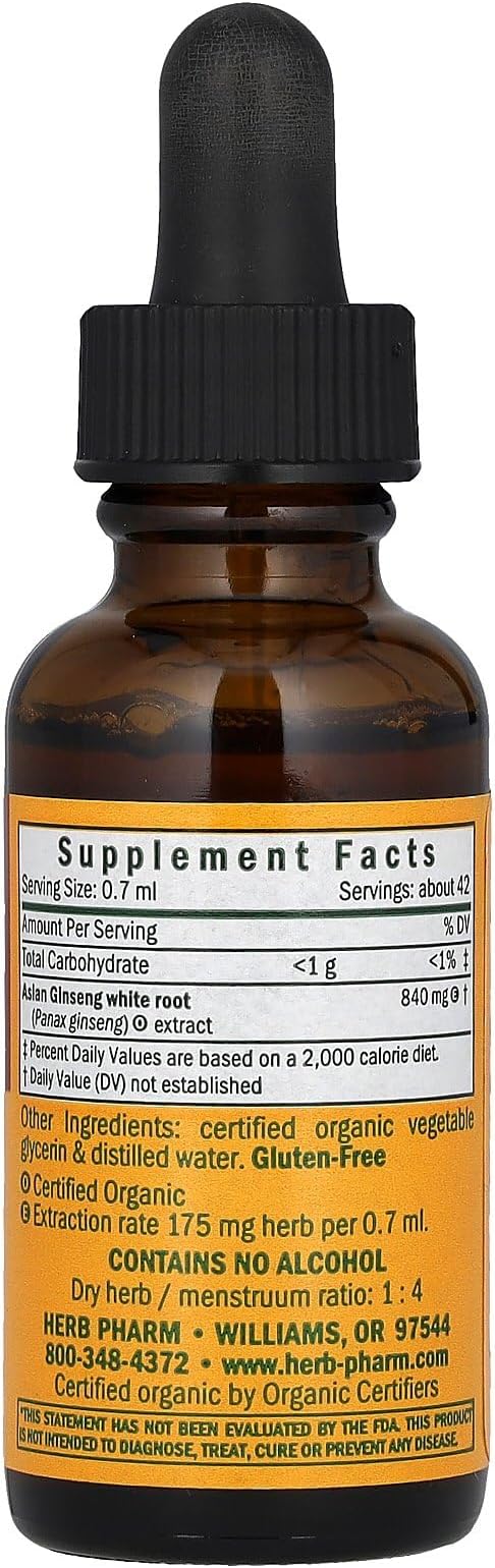 Herb Pharm Asian (Panax) Ginseng Liquid Glycerite for Energy and Stamina, Alcohol-Free Glycerite, 1 Oz