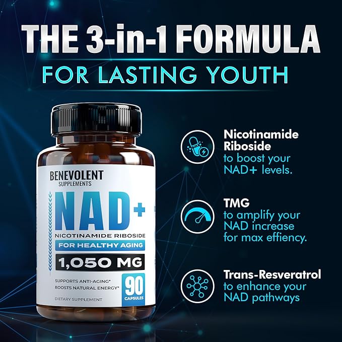 Benevolent NAD+ Supplement 1050mg – 90 Capsules for Maximum Absorption & Cellular Energy Boost – Supports Brain Function, Memory, Stamina & Healthy Aging with Nicotinamide Riboside, Trans-Resveratrol