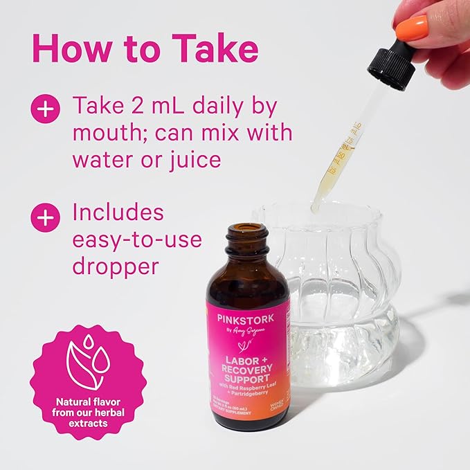 Pink Stork Labor Prep and Recovery Tincture with Red Raspberry Leaf - Natural Third Trimester & Postpartum Essentials, 9 Herbs for Gentle Birth, Uterine Support, & Hormone Balance - 2 oz
