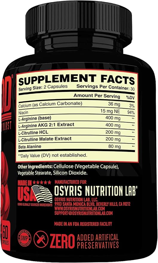 Bull Blood Nitric Oxide Supplement for Men - Nitrous Oxide Booster - L Arginine Pills - Pre Workout & Blood Flow for Men - Nitric Oxide Booster for Enhancing Male Strength & Energy - 60Ct