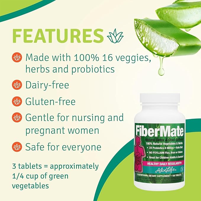 Aloe Life - FiberMate Tablets, Body Detox & Stool Softener, Contains Vegetables & Herbs, Gentle Irregularity Relief, Safe Digestive Support, No Psyllium or Bran, Gluten- & Dairy-Free (160 Tablets)