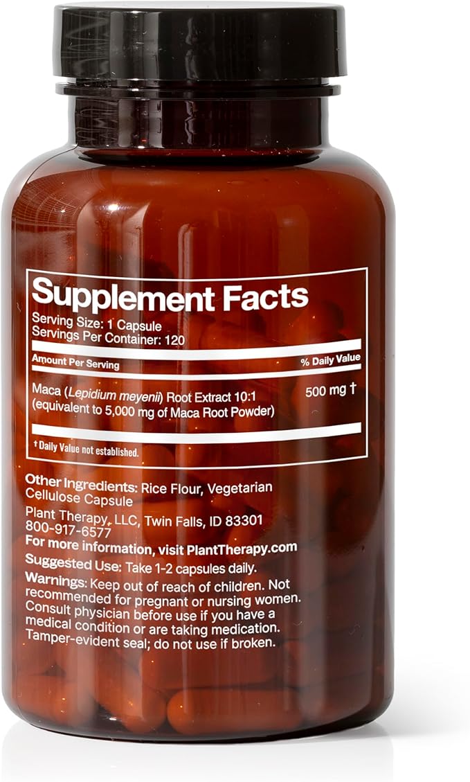Plant Therapy Maca Root Capsules Manufactured in USA 4 Month Supply Supports Sexual Health, Mood Boosting, Energizing & Reduces Tension Supplements for Men & Women 120 Vegetarian Capsule