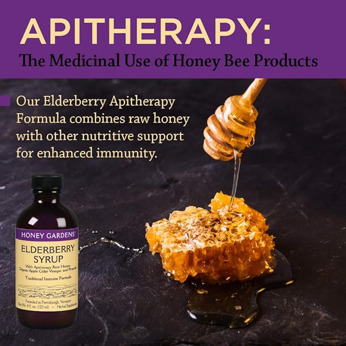 Honey Gardens Elderberry Syrup with Grade A Raw Honey, Propolis, Organic ACV & Elderberries | Traditional Immune Formula w/Echinacea | Made in The USA (4oz)