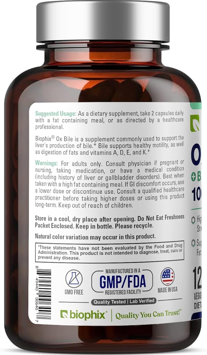 biophix Ox Bile 1000 mg with BioPerine 120 Veggie Capsules - High Absorption Digestive Enzymes Supplement - Liver Metabolic GI Fat Metabolism Support