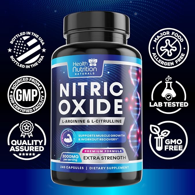Extra Strength Nitric Oxide Supplement 3X Strength L Arginine, Citrulline Malate, AAKG, Beta Alanine - Premium Muscle Supporting Nitric Booster - Natural Energy & Heart Health Support - 240 Capsules