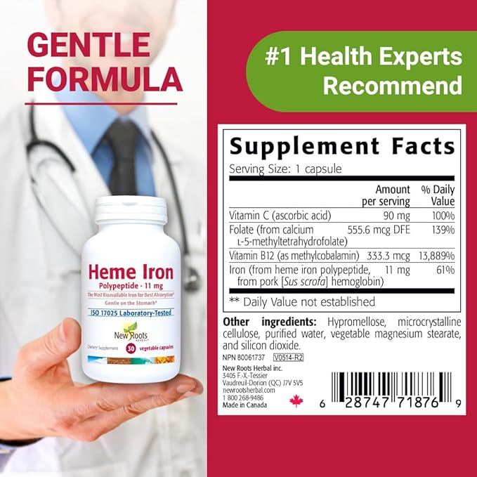 New Roots | Natural Heme Iron Supplement with Vitamin C, B12, & Folate,| Ferritin Supplement for Energy, Focus, and Endurance | Raise Hemoglobin & Ferritin for Women, Low-FODMAP (30 Capsules)