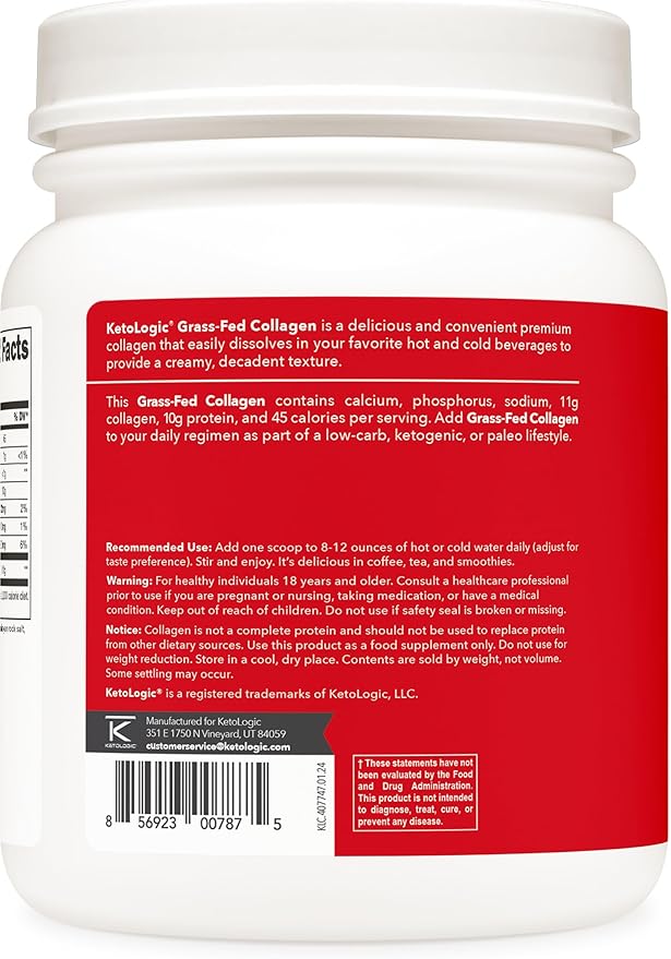 Ketologic Grass Fed Collagen Hydrolysate Powder (Vanilla) (1 LB) - 37 Servings, 11 G Collagen Per Serving, 10 G Protein Per Serving - Grass-fed Collagen Peptides