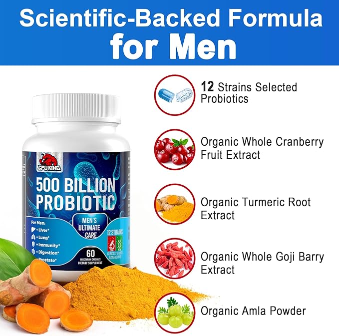 Probiotics for Men, 500 Billion CFU & 12 Mens Probiotic for Digestive Health + 4 Organic Prebiotic Fiber, for Digestive, Gut, Immune Health, Bloating, Gas, Energy Support, Shelf Stable - 60 Capsules