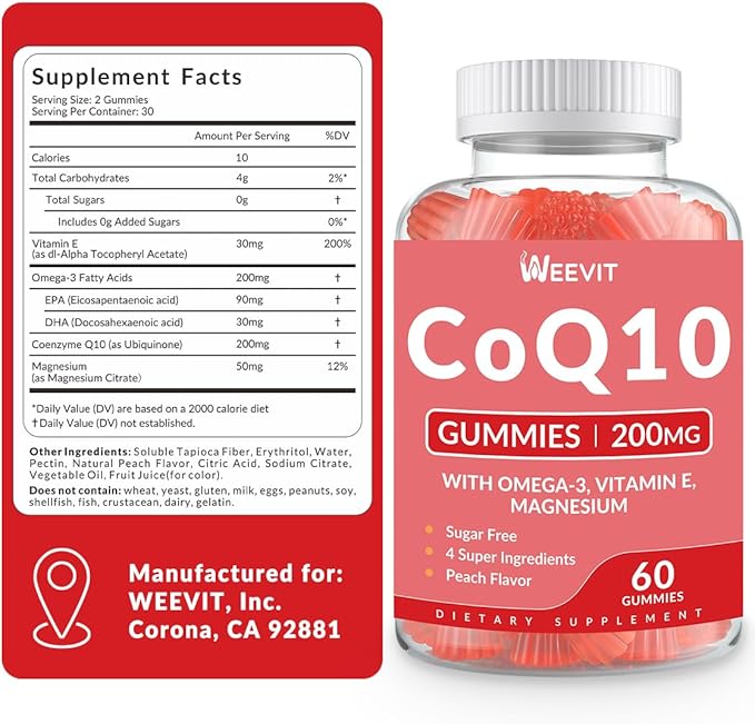Sugar Free CoQ10 Gummies 200 MG, Coenzyme Q10 (Ubiquinone) Gummies for Adults, Co Q10 Supplement with Omega-3, Vitamin E & Magnesium - Energy, Brain and Antioxidant Support