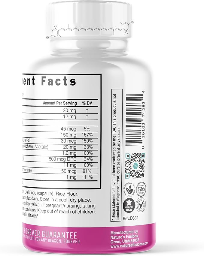 Nature's Fusions Nutri Lutein 20mg Eye Vitamins Complex - Triple Carotenoid Formula - Lutein and Zeaxanthin - Contains Zinc, Vitamins A,C,D3,E, Folate - 60 Capsules - Eye Health Supplements