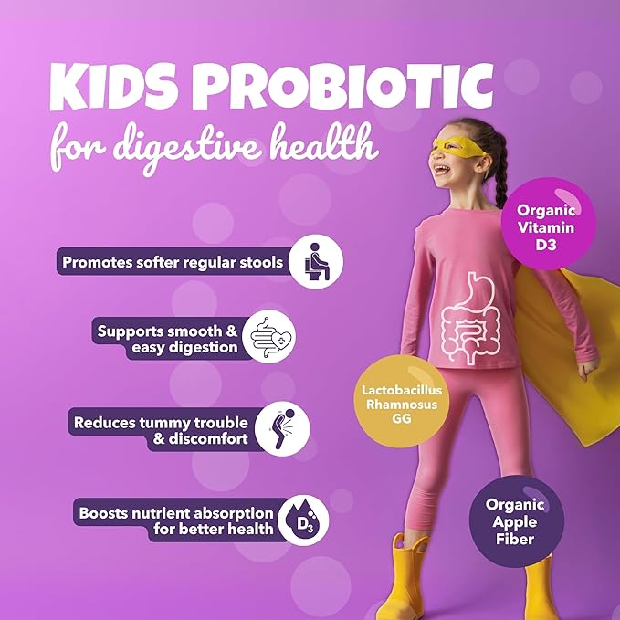 Probiotics for Kids - 15 Strains & 5 Billion CFU Supports Brain, Immune & Digestive Health - Kids Probiotic Chewable with Organic Prebiotics for Gut & Constipation, Mixed Berry Flavor, 30 Count