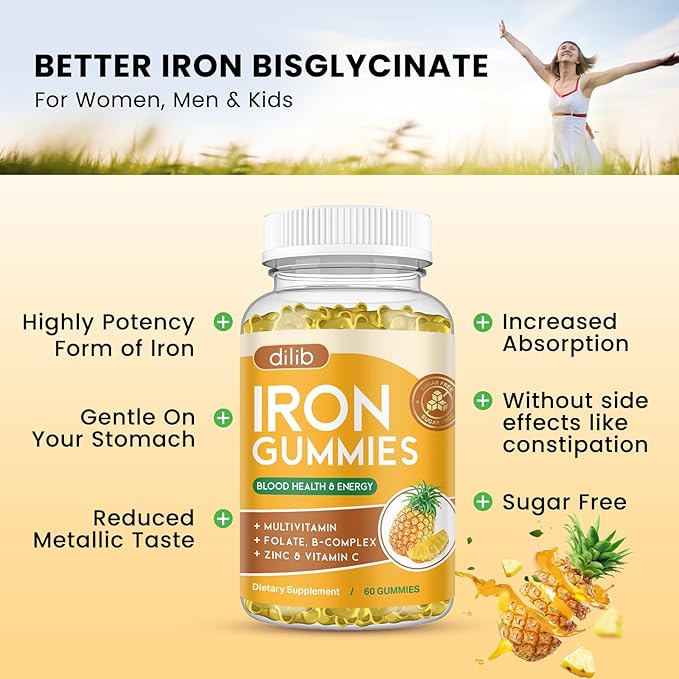 Iron Gummies with Multivitamin, Iron Supplement for Women & Men with Zinc, Vitamin B Complex & C, B12, Folate - Blood Builder & Energy Support for Adults & Kids - Pineapple Flavor, Vegan 60 Gummies