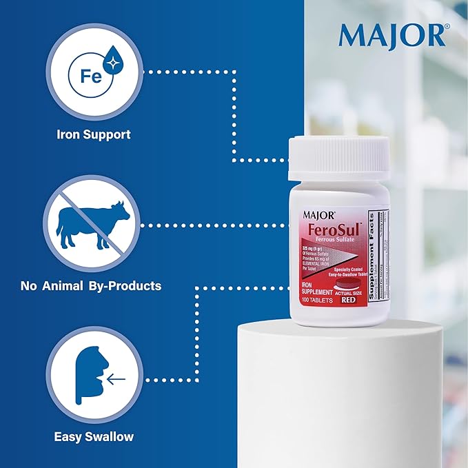 Major Ferosul - Ferrous Sulfate 325mg Tablets with 65mg of Elemental Iron - Iron Supplement for Women, Men - Red - 100 Count (6 Pack)
