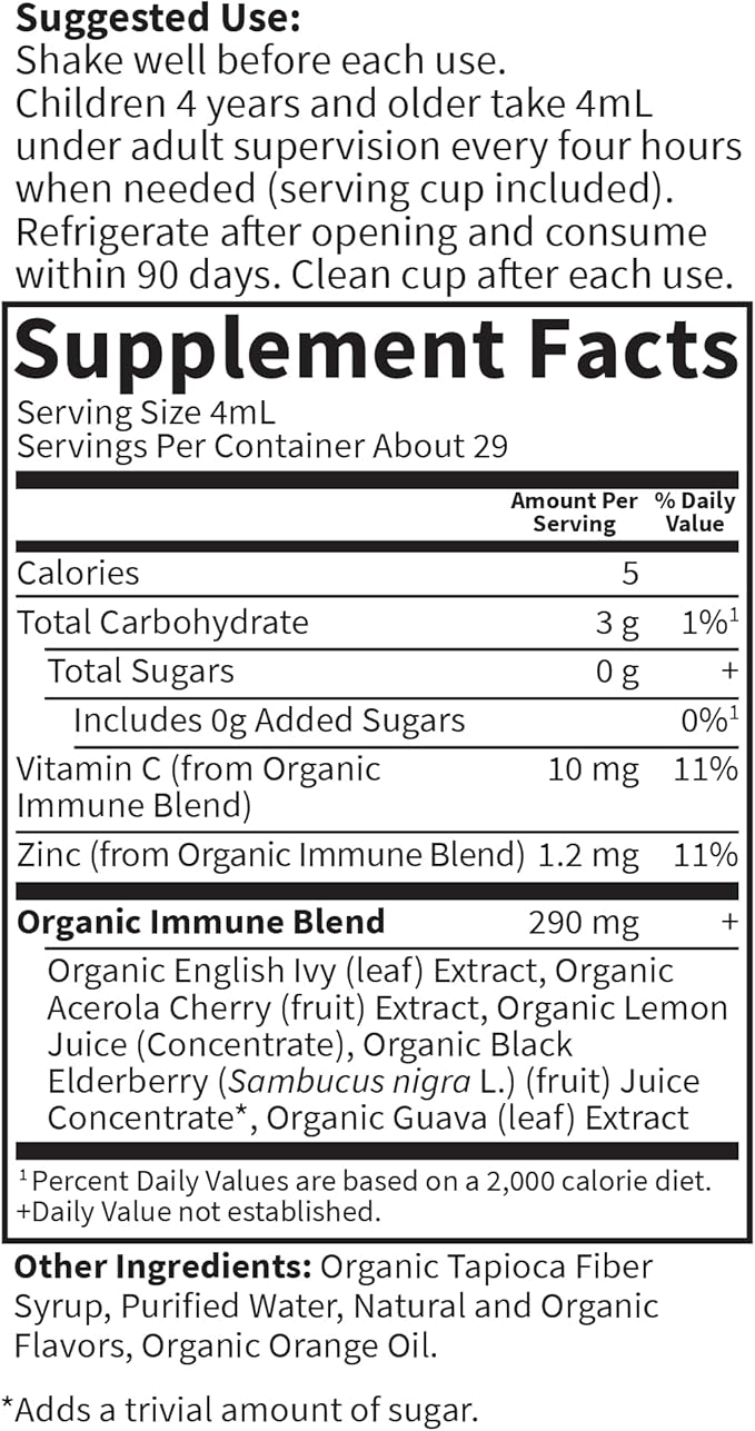 Garden of Life Organics Elderberry Zinc Immune Support for Adults and Kids 12 and Older, Organic Cough & Mucus Immune Syrup with Ivy Leaf, Vitamin C and Echinacea, No Added Sugars, 5 Fl oz