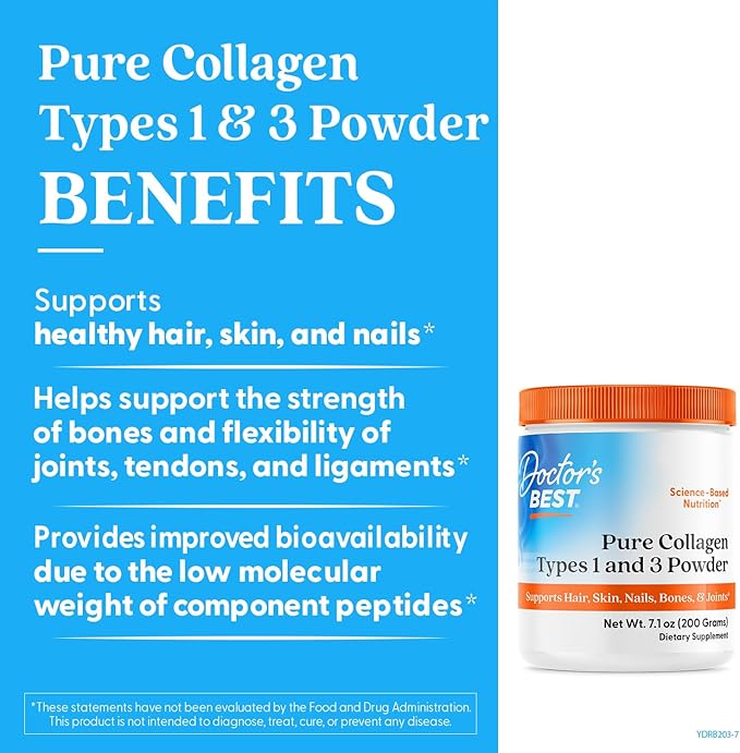 Doctor's Best Pure Collagen Types 1 & 3, Promotes Healthy Skin Hair & Nails – Bone & Joint Support, 7.1 Ounce (Pack of 1)