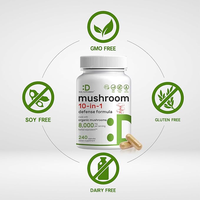 Organic 10-in-1 Mushroom Supplement 8,000mg Per Serving, 240 Capsules – Lions Mane, Turkey Tail, Reishi, Cordyceps & More Mushroom Complex – Immune, Energy & Nootropic Brain Support – Non-GMO