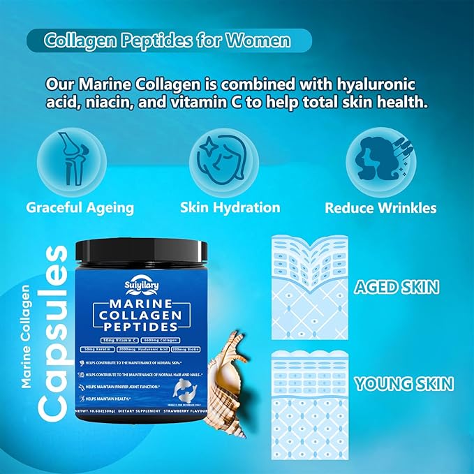 Collagen Peptides Powder for Women, Multi Marine Hydrolyzed for Healthy Hair, Skin, Nails with Hyaluronic Acid, Biotin, Vitamin C, 30 Servings (10.6 OZ, Strawberry)