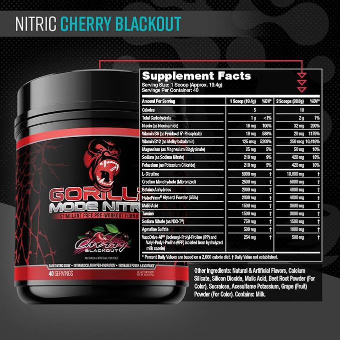 Gorilla Mode Nitric Upgraded Stimulant Free Pre-Workout – Best Tasting and Most Effective Stimulant Free Pre-Workout/Massive Pumps · Vasodilation · Power / 776 Grams (Cherry Blackout)