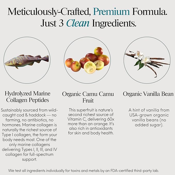 ENSANTE Premium Marine Collagen Peptides Powder Vanilla, Clinically Backed Type I II III IV Collagen, Wild Deep Sea Fish Collagen with Organic Camu Camu Vitamin C for Hair Skin Nail Joint, Lab Tested