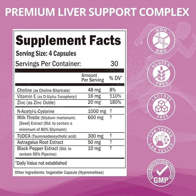 Premium Liver Support Complex - 120 Capsules with TUDCA, NAC, Milk Thistle Extract & Astragalus - Advanced Formula with Choline, Vitamin E & Zinc - 30 Day Supply