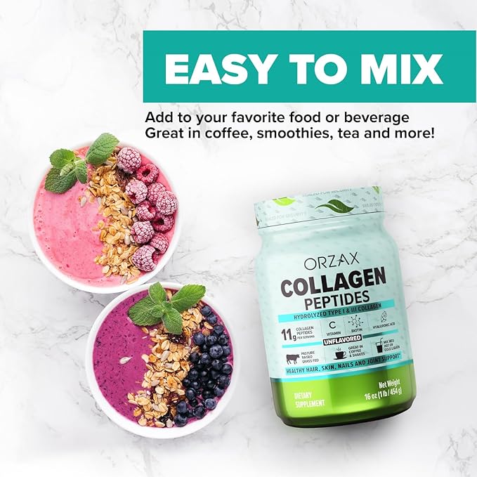 ORZAX Collagen Peptides Powder - 11 g Collagen Type I & III, Biotin & Hyaluronic Acid, 16 oz (Unflavored)