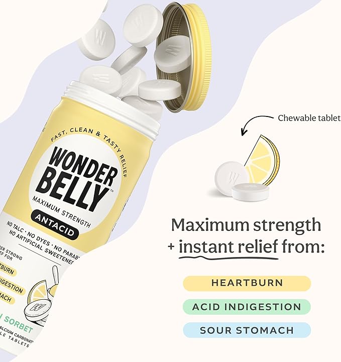 Wonderbelly Antacid, Effective Heartburn and Instant Acid Indigestion Relief, Extra Strength Chewable Tablets, 1000 mg Calcium Carbonate, No Talc or Dye, Lemon Sorbet, 60 Count