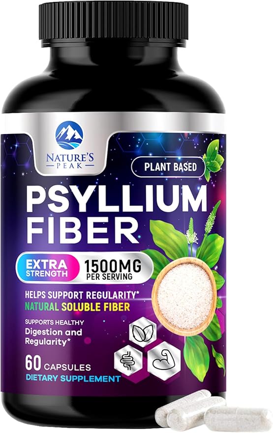 Psyllium Husk Powder Caps 1500mg - Non-GMO, Natural Soluble Fiber for Daily Digestive Health & Regularity Support, Vegan Psyllium Fiber Supplement with Plant Based Fiber, Sugar Free - 60 Capsules