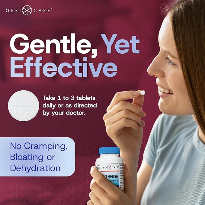 GeriCare Docusate Sodium Stool Softeners, Best Stool Softener for Daily use for Women, Men, and Elderly - Ideal for Constipation Relief 100mg Crushable Tablets. (200 Count) Made in The USA.