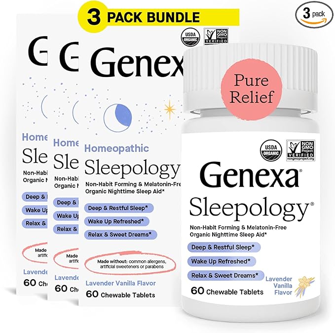 Genexa Sleepology for Adults | Melatonin Free Sleep Calm Aid |Soothing Natural Vanilla & Lavender Flavor | Certified Organic & Non-GMO | Homeopathic Remedy Made Clean | 180 Chewable Tablets (3 Pack)