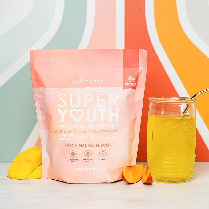 SkinnyFit - Super Youth, Peach Mango (30 Servings) - Multi Collagen Peptides Powder - Probiotics, Fiber, Hyaluronic Acid - Collagen for Women - Non GMO, Gluten Free, Sugar Free - Beauty & Self Care