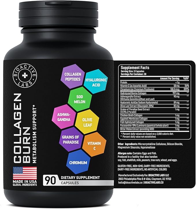 Thermogenic Multi Collagen Burn Capsules - Advanced Type I, II, III, V, X Hydrolyzed Collagen Peptides Plus Hyaluronic Acid - Metabolism, Cellulite, Skin, Hair, Nails Support - 90 Collagenic Burn Caps