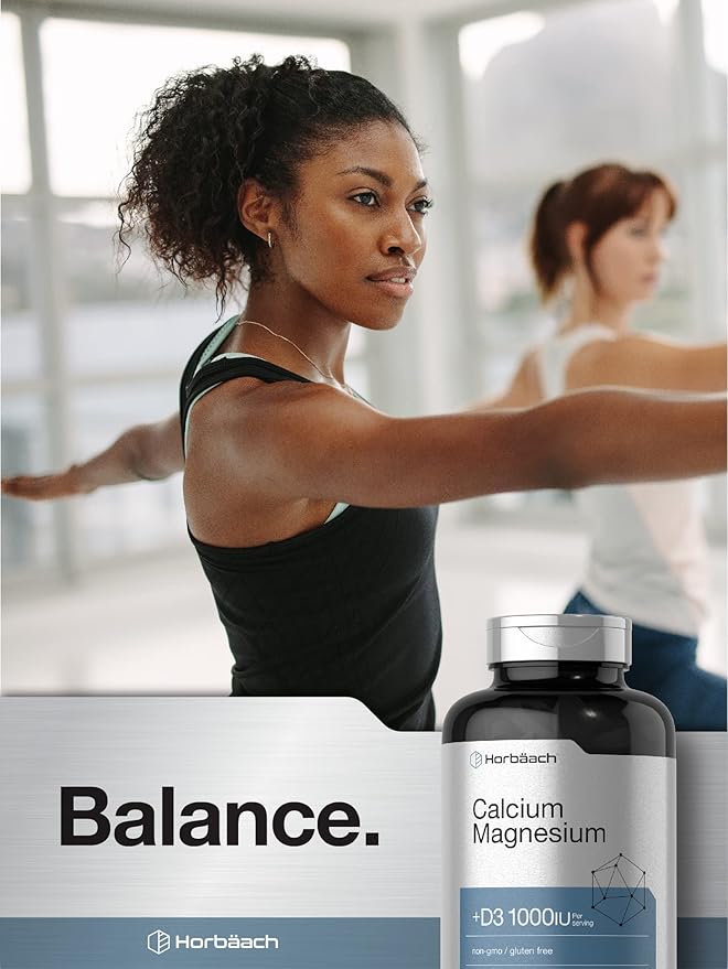 Horbäach Calcium Magnesium D3 Supplement | 1000 IU D3 | 250 Coated Caplets | Non-GMO & Gluten Free