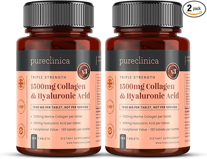 pureclinica UltraColl Collagen & Hyaluronic Acid 1500mg x 360 Tablets (2 Bottles of 180) - 1 Years Supply