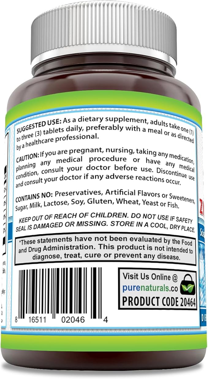 Pure Naturals Calcium Magnesium Zinc Vitamin D3 Supplement | Calcium 1000mg, Magnesium 400mg, Zinc 25mg, Vitamin D3 600 IU | Non-GMO | Gluten Free (300 Tablets)