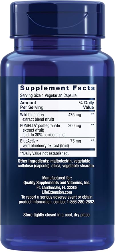 Life Extension Blueberry Extract and Pomegranate, arterial Health Support, antioxidant Defense, Gluten-Free, Non-GMO, Vegetarian, 60 Vegetarian Capsules