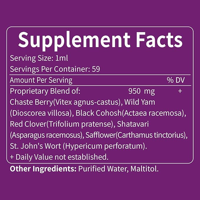 Vitex (Chaste Berry) Drops for Women, Natural Menstrual & Menopause Support Supplement w/Chasteberry, Black Cohosh, Red Clover, Shatavari, Wild Yam, St. John's Wort Herb Extract. 2oz