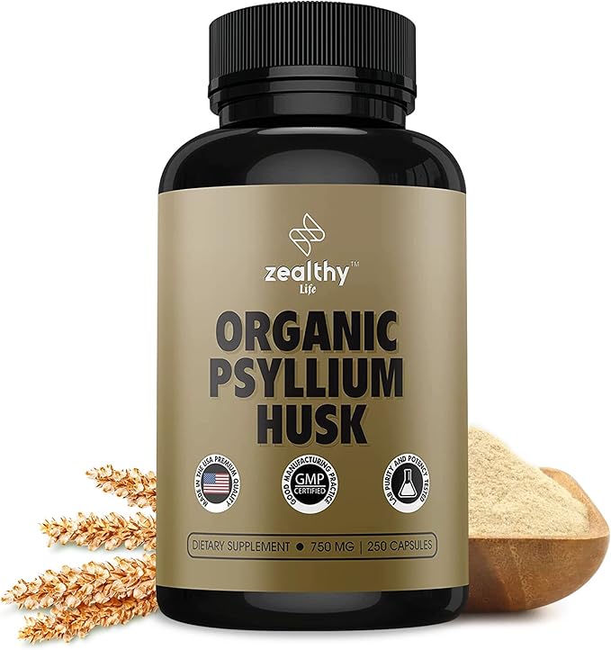 Organic Psyllium Husk Capsules, Natural Fiber Supplement for Gut Health* - Alternative to Psyllium Husk Powder, Zealthy Life, 250 Capsules