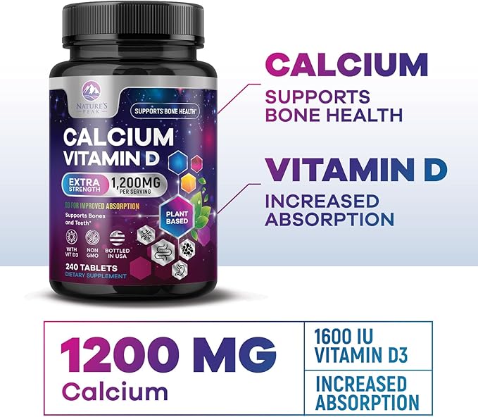 Calcium 1200 mg with Vitamin D3, Calcium Supplement Vitamins, Bone, Teeth & Immune Health Support, Calcium Supplements with D for Women & Men, Nature's Absorbable Calcium Carbonate - 240 Tablets