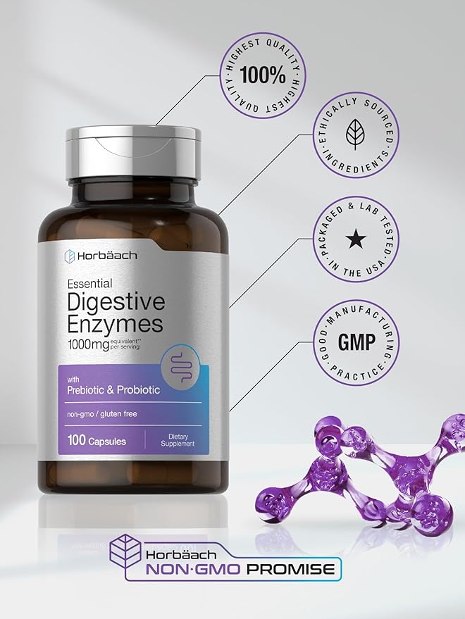 Horbäach Essential Digestive Enzymes | 100 Capsules | Enzyme Blend for Men & Women | Non-GMO & Gluten Free Supplement