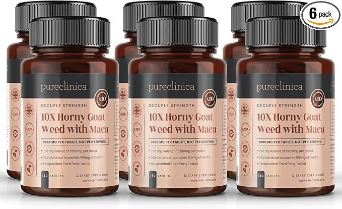 pureclinica 10X Horny Goat Weed Extract (3750mg) Maca Extract (2500mg) x 1080 Tablets (6 Bottles of 180) -10 X More Icariins and Maca