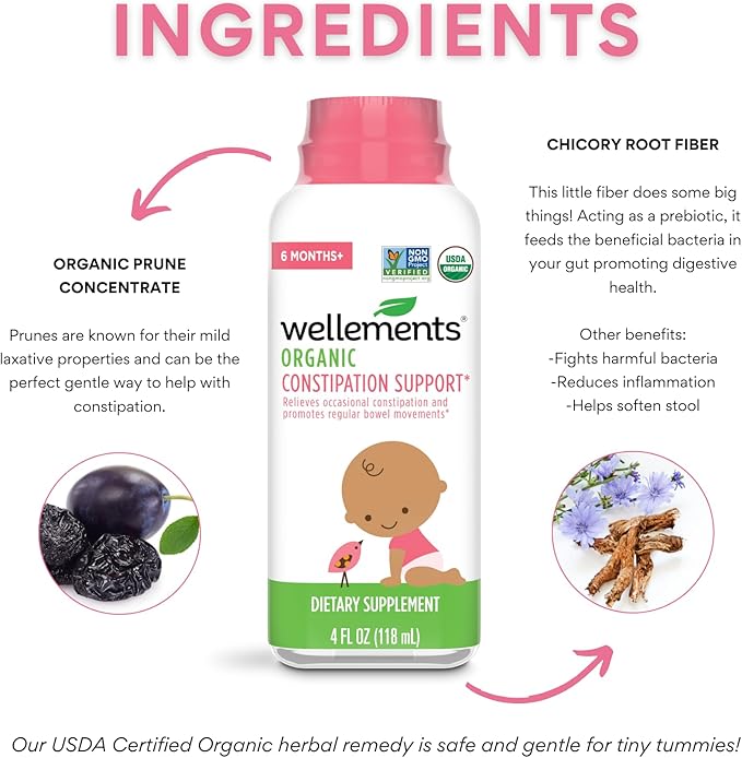 wellements Organic Baby Constipation Support Relieves Occasional Constipation for Infants & Toddlers, No Harsh Laxatives, USDA Certified Organic, 4 Fl Oz (Pack of 2), 6 Months +