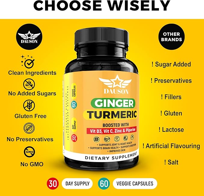 Ginger Turmeric Supplements – Boosted with Piperine, Vitamin D3, Vitamin C, Zinc & Orange | Joint, Gut & Skin Health Support