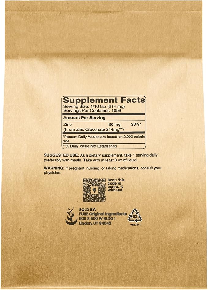 Pure Original Ingredients Zinc Gluconate (8 oz) Dietary Supplement, Always Pure, No Fillers Or Additives