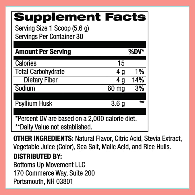 (Bum) Psyllium Husk Fiber Powder, Mixed Berry Flavored Drink with Stevia, Colon Cleanse for Bloating Relief & Digestive Health, Daily Soluble Fiber Supplement, Sugar & Gluten Free, Vegan, 30 Servings