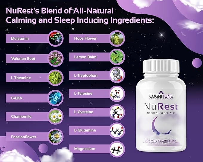 CogniTune Natural Sleep Supplement - Non Habit Forming Sleeping Pills, Non Drowsy Herbal Sleep Aid Formula w/Melatonin, Valerian Root, Lemon Balm, Chamomile, GABA, L-Theanine, Magnesium, Amino Acids