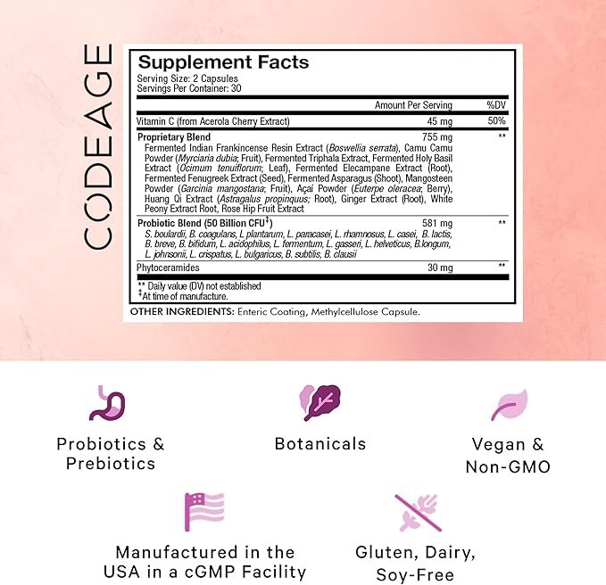 Codeage Skin Probiotics + Prebiotics - Skin Care Routine Supplement - 50 Billion CFU - Ayurvedic Botanical Herbs - Face Probiotics - Shelf Stable Cleanser, Non-GMO, Vegan - 60 Capsules